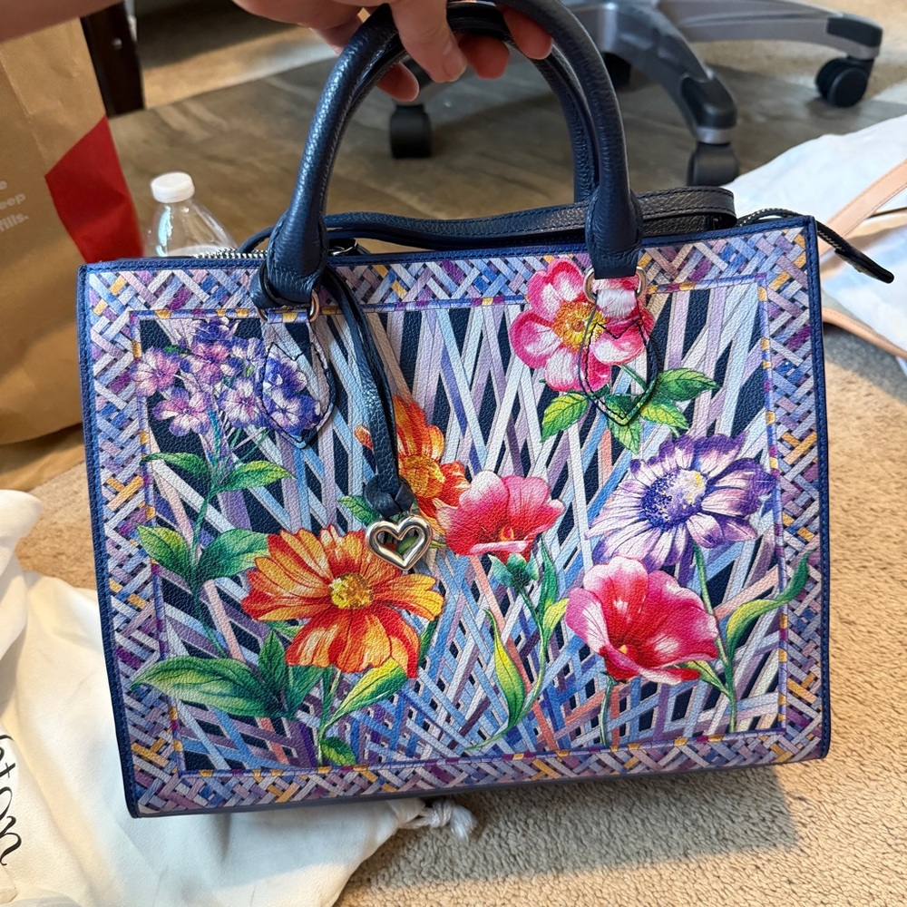 Brighton Floral Multicolor Satchel with Navy Handles